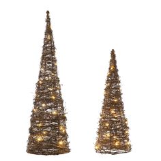 two small christmas trees with lights on them