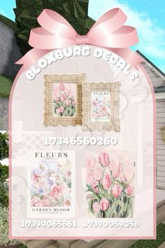 an advertisement for a flower shop with pink flowers on the front and side of it