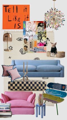 a collage of furniture and pictures with words on them that say tell it like it is