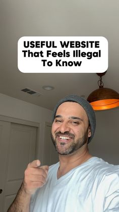 a man is smiling and pointing at the camera with a thought bubble above his head that says useful website that fees illegal to know