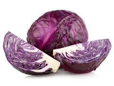 three pieces of red cabbage cut in half