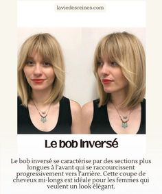 Le bob inversé se caractérise par des sections plus longues à l’avant qui se raccourcissent progressivement vers l’arrière. Cette coupe de cheveux mi-longs est idéale pour les femmes qui veulent un look élégant et contemporain qui ajoute du volume au sommet de la tête et crée une silhouette élégante et anguleuse.