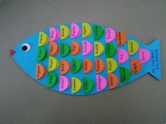 a fish made out of colored paper with words on it