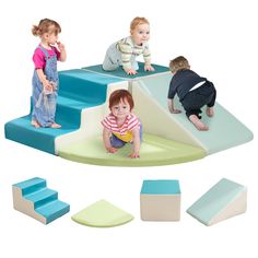 three children playing in a play area with blue and green steps, one on the ground