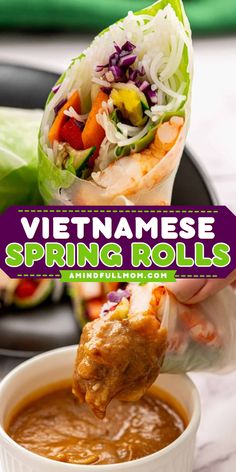 Enjoy the best tasting spring rolls with ease at home! This light and fresh spring roll recipe features shrimp, fresh vegetables, sweet mangoes, and the most delicious homemade peanut dipping sauce to result in an insanely delicious knock-off of your favorite Vietnamese Spring Rolls. Best Spring Roll Recipe, Fresh Spring Roll Recipe, Mom Recipes