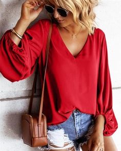 Chiffon  Sexyt Solid V Neck Women Tops Holiday Fall Daily Casual Blouse Pleated Chiffon Blouse, Lantern Sleeved Blouses, Neck Women, Women Blouse, Womens Tops Summer, Bishop Sleeve, Loose Blouse, Chiffon Shirt, Lantern Sleeve