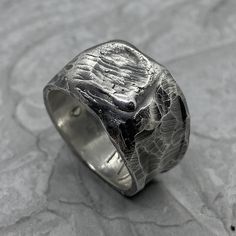 Silver Brutalist Hammered Ring, Unique Silver Jewelry With Unique Texture, Silver Jewelry With Unique Texture, Brutalist Hammered Silver Ring, Union Rings, Brutalist Jewelry, Sea Surface, Font Examples, Chunky Silver Rings