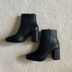 Intentionally Blank Rachel Heeled Ankle Boots Black Leather Like New Worn Once Minimal And Cute Medium Width Heeled Boots With Padded Heel, Office Platform Boots With Block Heel, Office High Heel Platform Boots, Trendy Formal Heeled Boots With 4-inch Heel, Workwear High Heel Boots With Padded Heel, Sleek High Heel Platform Boots With Stacked Heel, Workwear Heeled Boots With Padded Heel, Black Platform Boots With Reinforced Heel For Office, Black Ankle-high Platform Boots For Office