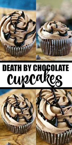 chocolate cupcakes with white frosting and drizzled on top