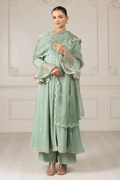 Teal green straight kurta with scattered sequin embroidery. Paired with a pant and scallop trimmed, embroidered dupatta. - Aza Fashions Sequin Embroidery, Embroidered Dupatta, Straight Kurta, Indian Clothes, Kurta With Pants, Indian Attire, Sequins Embroidery, Fashion App, Pant Set