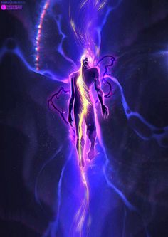 a digital painting of a man with purple hair and lightning on his body in the dark