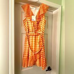 Nwt Lc Lauren Conrad April Dress Item Details 100% Polyester Short Sleeve V-Neck Mini Silhouette Checkered Pattern Ruffle Accents, Frills & Ruffles Multi Color, Orange Wedding Short Size S 31" Chest, 35" Length Orange Knee-length Mini Dress For Summer, Orange Knee-length Beach Dress, Knee-length Orange Beach Dress, Summer Knee-length Orange Mini Dress, Orange Knee-length Mini Dress For Day Out, Orange V-neck Mini Dress For Summer, Orange Knee-length Mini Dress For Spring, Summer Orange V-neck Mini Dress, Orange V-neck Mini Dress For Vacation