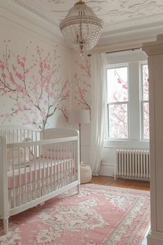 a baby's room decorated in pink and white with cherry blossoms on the wall