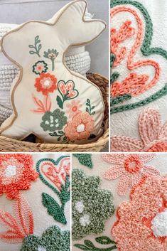 four different pictures of decorative items made from crochet