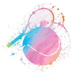 a tennis racket and ball painted in watercolor