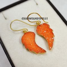 Sugar Druzy Angel Wing Earring, Dangle Earring, Gemstone Earring, Vintage Look Earring, Handmade Earrings, Unique Gift For Her, Gift Idea Handmade Jewelry Gemstone- Sugar Druzy Color- Orange Style- Electroplated Metal - Brass Plating- Gold Theme- Love And Friendship Contact Us If You Have Any Query, Feel free for Catalogue, Samples & Bulk Price list. We do Deal In Bulk Quantity. Contact Us In Message For Bulk Order And Get An Amazing Discount. Explore a world of exquisite designs - simply follow Wing-shaped Earrings For Gift, Wing-shaped Pierced Earrings As Gift, Wing-shaped Pierced Earrings For Gift, Orange Style, Angel Wing Earrings, Earring Dangle, Gold Theme, Wing Earrings, Earrings Unique