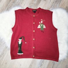 Woolrich Vintage Christmas Sweater Vest Size Xl Nwt Beautiful Red Woolrich Knit Vintage Style Christmas Sweater Vest With Snowflake Wood Buttons And Embroidered Elf And Angel New With Tags 55% Ramie 45% Cotton All Measurements Laying Flat And In Inches Shoulder To Hem: 25" Pit To Pit: 23" L2_113022 102324 Woolrich, Vintage, Christmas, Knit, Vest, Winter, Holiday, Cottagecore Vintage Wool Vest, Fleece Vest Women, Buffalo Plaid Vest, Vintage Christmas Sweater, Christmas Knit, Vintage Style Christmas, Vintage Christmas Sweaters, Christmas Sweater Vest, Brown Zip Ups