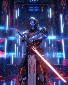 an animated character holding two swords in front of a dark background with red and blue lights