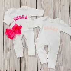 This adorable romper is the perfect addition to your little one's wardrobe, adding a personalized and unique touch to her outfit with our new 3D Vinyl. Made with soft and comfortable fabric, this romper is both stylish and practical for your baby girl to wear all day long. Treat your little princess to a special piece that is as unique as she is with this personalized romper! Romper is made from a soft organic cream cotton stretch fabric Has snaps for easy changing Bow is sold separately White Long Sleeve Bubble Romper For Loungewear, White Cotton Bubble Romper For Loungewear, Fitted Cotton Bubble Romper For Loungewear, White Cotton Matching Outfits Set, White Cotton Matching Outfit Sets, Family Matching White Onesie With Name Print, Spring Cotton Onesie With Name Print, White Family Matching Bodysuit With Name Print, Cute Personalized Cotton Onesie