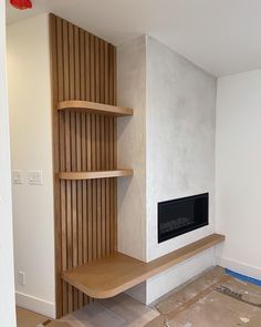 a room that has some shelves and a fire place in the corner with no one around it