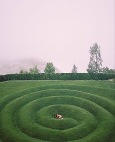 a person laying in the middle of a green field with a spiral design on it