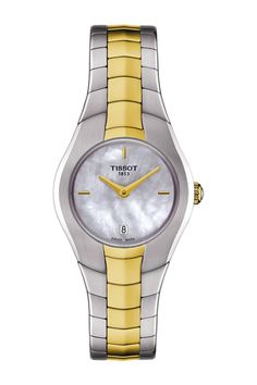 Excitingly, the Tissot T-Round watch collection encompasses an avant-garde design. Superbly stylish, this watch features a perfectly round dial that flows smoothly into the case, making for a striking and flawless appearance. Style #: T0960092211100. Series: T-Round. Gender: Women's. Case Material: Stainless steel. Dial Color: White mother of pearl. Hands: Gold-tone. Markers: Index. Bracelet Material: Stainless steel. Closure: Deployment. Movement: Quartz. Crystal: Sapphire. Case Diameter: 25mm. Swiss Watch Brands, Tissot Watches, Round Watch, Two Tone Watch, Swiss Watches, Stainless Steel Watch, Watch Collection, Watch Brands, Stainless Steel Bracelet