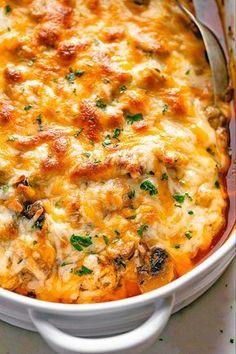 a casserole dish with chicken and cheese