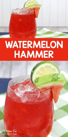 two glasses filled with watermelon and limeade sitting on top of a checkered table