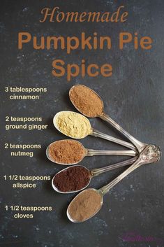 six spoons filled with different types of pumpkin pie spice on top of a slate board