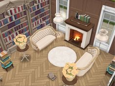 a living room filled with furniture and a fire place in the middle of bookshelves