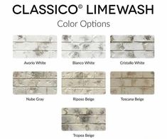 several different types of white marble tiles with the words classic limewash color options on them