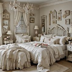 a bed room with two beds and a chandelier