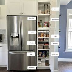 a stainless steel refrigerator in a kitchen with labeled labels on the door and shelves above it