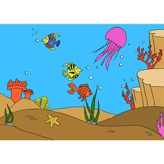 an underwater scene with fish and jellyfish