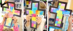 three pictures of people holding up different colored paper crosses