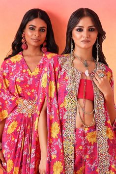 Fuscia pink maxi dress featuring an all-over floral print and a mirror, resham embroidered waistband, Fit: Relaxed V Neck Maxi Dress, Girls Maxi Dresses, Maxi Dress For Women, Cape Sleeves, Pink Maxi, Floral Print Maxi Dress, Dresses Pink, Floral Print Maxi, Dress For Girls