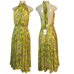 Brand New With Tags, No Issues. Halter Tie In The Back, Back Zipper, Uneven Hem So It Is More Flowy. Waist 30” Armpit To Armpit 18” Waist To Bottom (Starting From Top Of The Waistband) Is About 34-37” (Given The Hem Is Not Straight Across) Dress Yellow, Yellow Dress, Pleated Dress, Blue Yellow, Favorite Color, Open Back, Ebay Store, Colorful Dresses, Floral Print