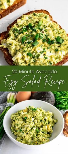 egg salad recipe in a white bowl with green onions and bread on the side, next to an image of avocado