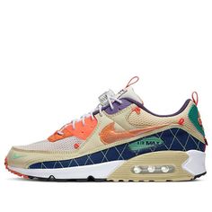 Introducing the Nike Air Max 90 ‘Mountaineering’ edition – a retro runner with an outdoor-inspired makeover. The upper combines a Team Gold mesh base with tonal leather overlays and multicolored TPU accents, giving this shoe a unique look that will turn heads. Decorative stitching is applied to the navy textile mudguard, while webbing pull tabs in Total Orange are appended to the tongue and heel. Additional details include lace locks, mismatched Swooshes and metallic silver detailing on the medial-side mudguard. Whether you’re hitting the trails or simply hitting the streets, the Nike Air Max 90 ‘Mountaineering’ is a must-have for your sneaker collection (SNKR/Retro/Unisex/Low Top/Non-Slip/Multicolor/Shock-absorbing) Nike Air Max With Boost Midsole For Outdoor, Nike Trail Running Shoes With Cushioned Footbed For Outdoor, Sporty Nike Air Max For Outdoor With Breathable Design, Sporty Nike Air Max For Outdoor With Breathability, Sporty Nike Air Max For Outdoor, Nike Sneakers With Air Max Cushioning For Hiking, Sporty Multicolor Hiking Sneakers, Sporty Multicolor Sneakers For Hiking, Decorative Stitching