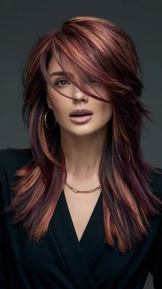 Burgundy And White Hair, Dark Red With Blonde Money Piece, Haircolors Trends 2024, Red And Light Brown Hair, Burgundy Copper Hair, Red Hair With Dimension, Red Streaks In Brown Hair, Red Bob Haircut, Auburn Hair With Highlights