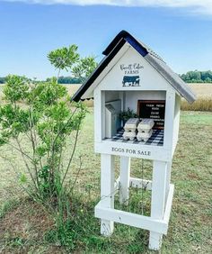 a white birdhouse with eggs for sale on the front and side in an open field