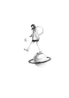 a black and white drawing of a person with a tennis racket on top of a ball