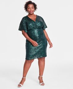 in stock Green Surplice Neckline Party Dress, Elegant Green V-neck Dress For Night Out, Green V-neck Surplice Dress For Evening, Green Short Sleeve V-neck Dress For Party, Glamorous Green Short Sleeve Dress, Plus Size Sequin, Cashmere Coat, Plus Dresses, Petite Dresses