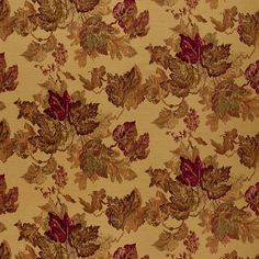 a floral pattern with red and gold leaves on a beige background, that is very similar to the wallpaper