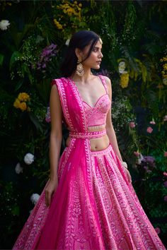 Radiate vibrance in this fuchsia pink raw silk lehenga, embellished with intricate gota and thread embroidery. Paired gracefully with a delicate net dupatta, this ensemble exudes elegance and charm. Crafted with meticulous attention to detail, it's the perfect choice for those seeking to make a bold and memorable statement at any special occasion. Hot Pink Lengha Bridal, Lehanga Colours, Hot Pink Lengha, Lehenga Fits, Pink Raw Silk Lehenga, Hot Pink Lehenga, India Outfits, Pink Lengha, Rajasthani Lehenga