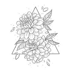 a black and white drawing of flowers on a triangle with leaves in the middle,