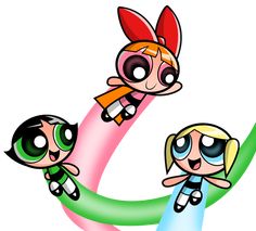 the powerpuff girls cartoon characters are flying through the air with their arms around each other