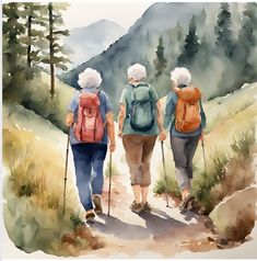 three people walking down a trail with backpacks and hiking poles on their backs, in the mountains