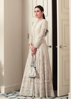 Angrakha Dress, Indowestern Gowns, Evening Gowns Online, Designer Anarkali Dresses, Gown Party Wear, Ivory Colour, Designer Anarkali, Designer Evening Gowns