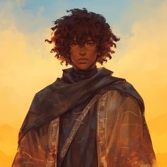 a painting of a young man with curly hair wearing a cape and standing in front of an orange sky